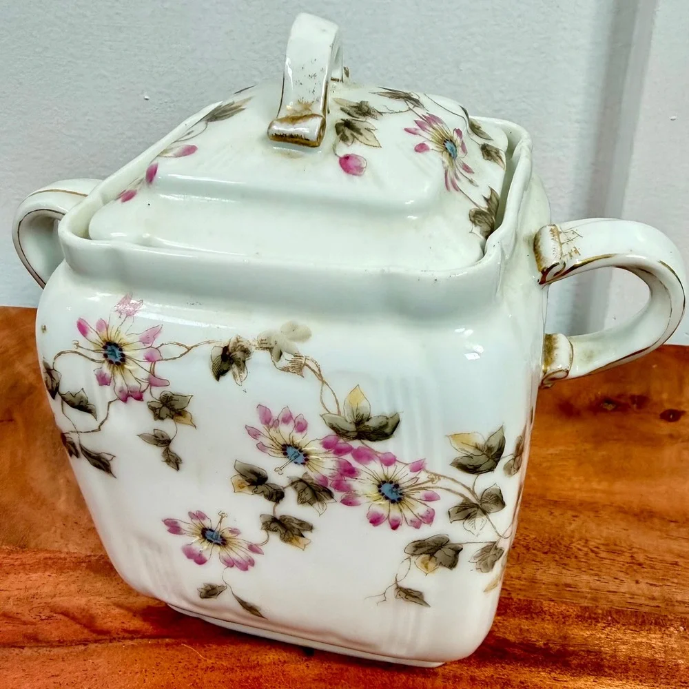 Antique CFH GDM Limoges France Covered Sugar‎ Bowl Lidded Jar Floral Gold 1880s